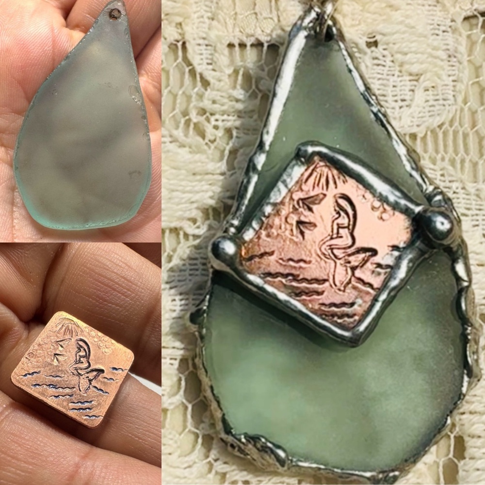 VNTG Hawaiian Heishi Puka Shell Necklace W/ Sea Glass & Copper Mermaid Pendant - Picture 10 of 16